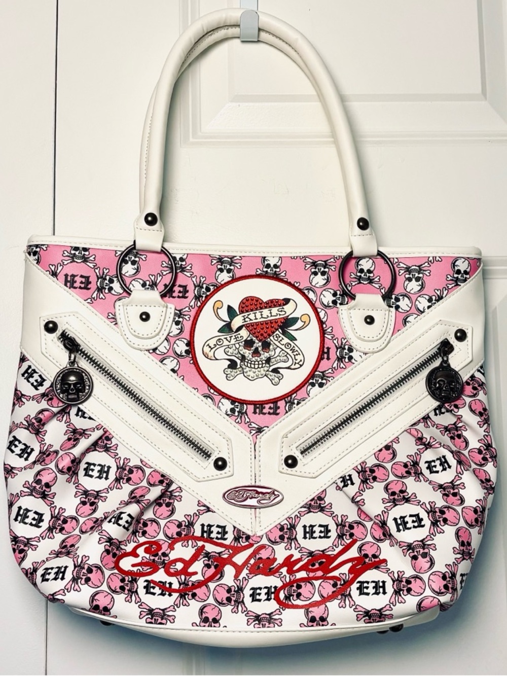 Ed Hardy Pink/ White Tattoo Skull & Crossbones Large Tote Handbag